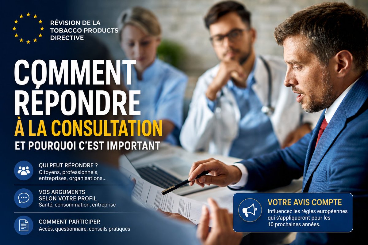 NicotineWorld_'s tweet photo. 📢 La consultation publique sur la future directive tabac européenne est ouverte.

Pendant 12 semaines, chaque citoyen, entreprise ou organisation de l’UE peut donner son avis à la Commission européenne.

C’est l’un des rares moments où il est possible d’influencer directement une future réglementation européenne sur la nicotine, le vapotage et les alternatives.

📝 Comment participer et pourquoi cela compte ⤵️
[ https://t.co/0GjHUH3ju6 ]
#TPD #Vapotage #Nicotine #UnionEuropéenne #RéductionDesRisques #SantéPublique