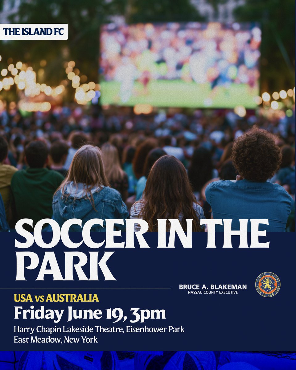 theislandfc's tweet photo. 𝙎𝙤𝙘𝙘𝙚𝙧 𝙞𝙣 𝙩𝙝𝙚 𝙋𝙖𝙧𝙠

Join us and Nassau County on June 19 at Harry Chapin Lakeside Theatre in Eisenhower Park for a live broadcast of the USA vs. Australia FIFA World Cup 26™ match at 3 PM. 🇺🇸

RSVP: https://t.co/8XLZ72VY8P

#AllForTheIsland https://t.co/hrilDcT4E6