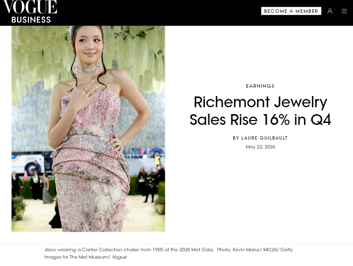 jisooschart's tweet photo. Cartier Global Ambassador #JISOO was featured in a VOGUE Business article as Richemont reported a 16% rise in jewelry sales in Q4 this year, outperforming the previous quarter's 14% growth and highlighting the continued strong demand for jewelry maisons including #Cartier. https://t.co/STaArDbuLv