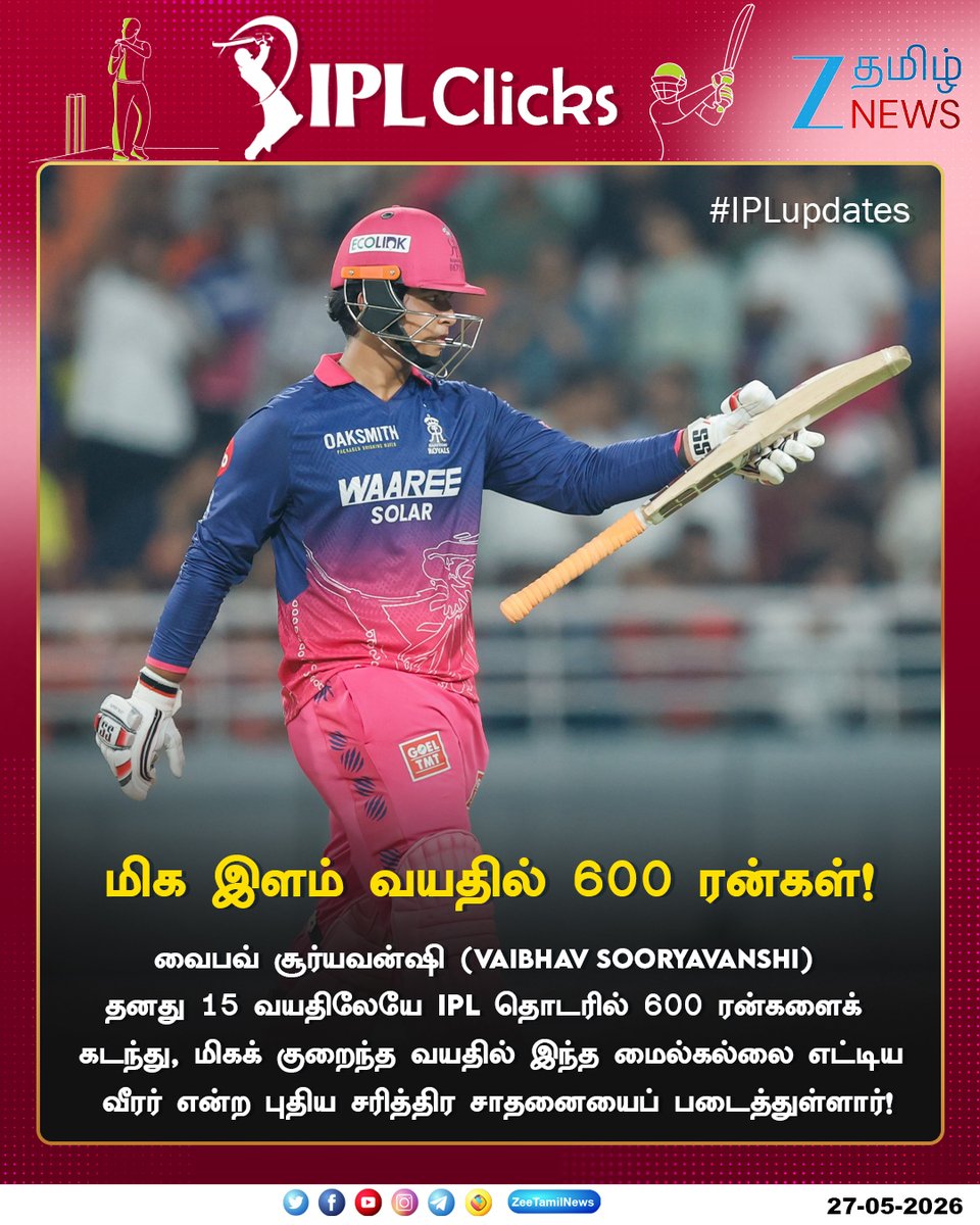 ZeeTamilNews's tweet photo. #IPL2026 | மிக இளம் வயதில் 600 ரன்கள்!

#SRHvsRR #IPL2026 #IPLMatch #CricketFever #IPLToday #IPLTrending #T20Cricket #ZeeTamilNews https://t.co/hJzBEwkg1N