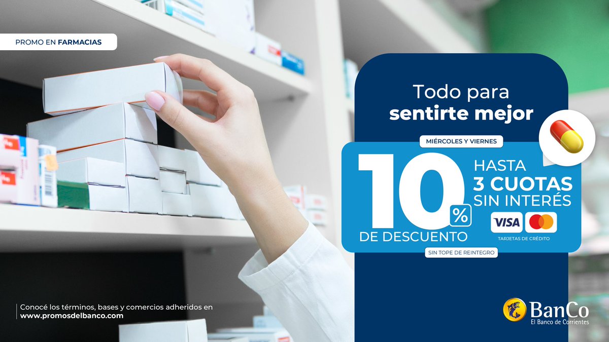 BancodeCtes's tweet photo. Un alivio para vos y para tu bolsillo 😌
Aprovechá esta promo en farmacias y disfrutá de hasta un 10% OFF y 3 cuotas sin interés con tus tarjetas de crédito #BanCo 💳💊

Conocé las farmacias adheridas en https://t.co/MVZhGBFh7Z https://t.co/u1LJDa1NOr
