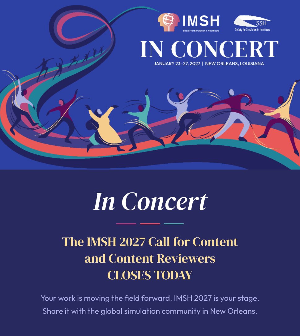 SSHorg's tweet photo. The IMSH 2027 Call for Content closes TODAY at 11:59 p.m. ET.

Submit your research, workshop, or presentation idea before midnight — and we're still accepting Content Reviewers!

🔗 https://t.co/AHXCVWd0Dt

#IMSH2027 #healthcare #simulation #education https://t.co/O9N31wSXKU