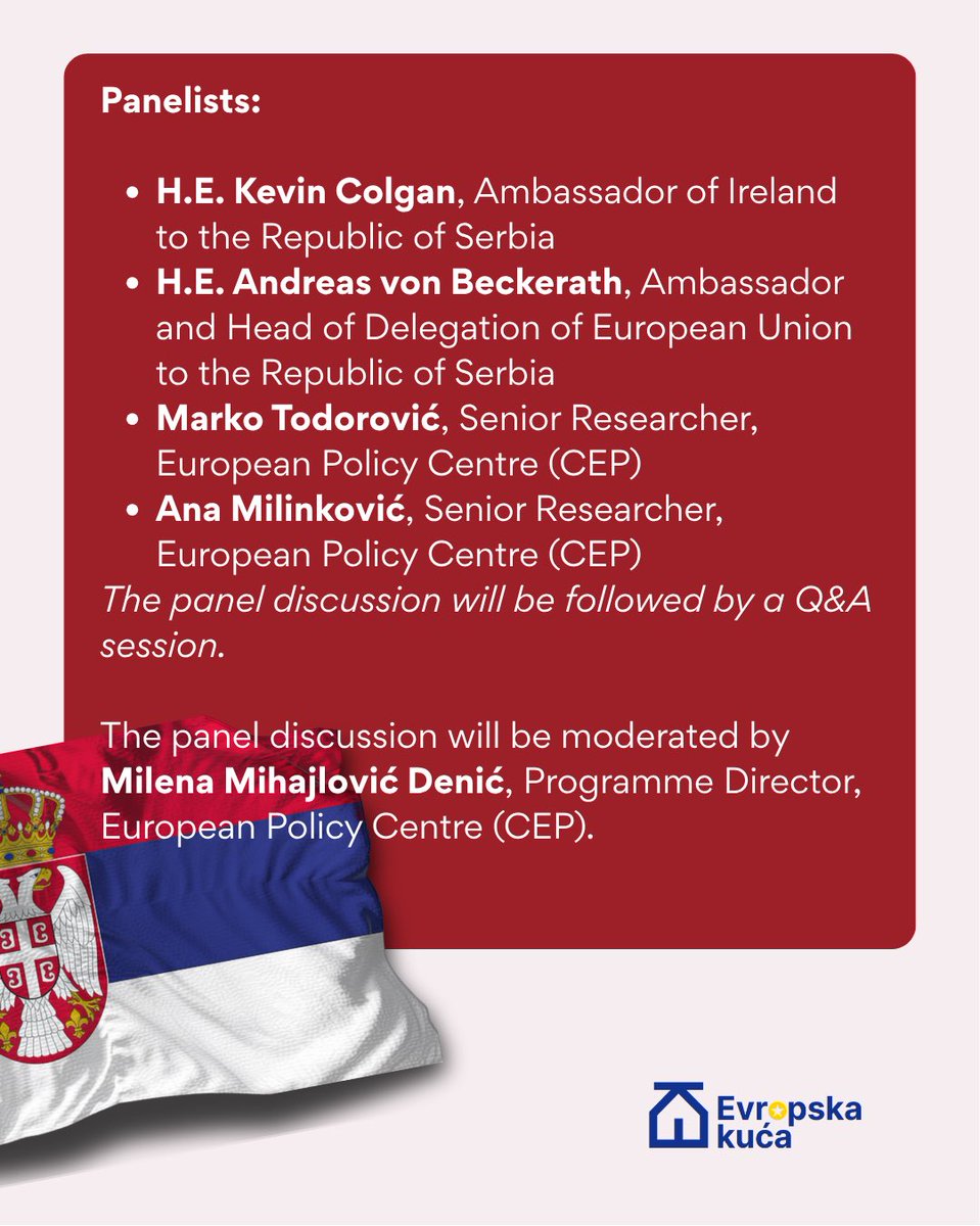 CEPBelgrade's tweet photo. 📣Join us on June 1st at Europe House in Belgrade for the panel discussion “Serbia and the European Union: Geopolitics and EU Values – in Tension or in Tandem?” organized by European Policy Centre with the support of Irish Foreign Ministry (@dfatirl)

The event will present findings from our research on Serbian citizens’ views of the EU in a time of growing geopolitical uncertainty, based on a representative survey and citizen focus groups.

📍  Europe House, Zmaj Jovina 8, Belgrade
 🕙 10:00–11:30
 📅 1 June
🔗  Livestream link: https://t.co/Lmyor5Yxtd