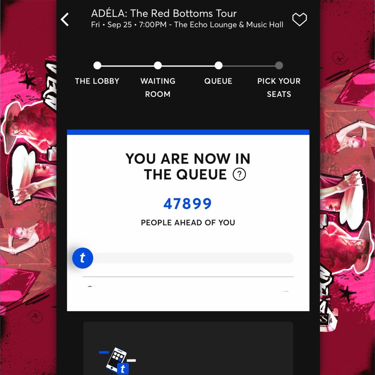 AdelaAccess's tweet photo. High-demand: Over 47,000 people are in the queue to buy tickets for Adela’s ‘The Red Bottoms Tour’ at The Echo Lounge &amp; Music Hall in Dallas, Texas.

The venue holds a capacity of only 1,000. 😭 https://t.co/b0EPPQRhmo