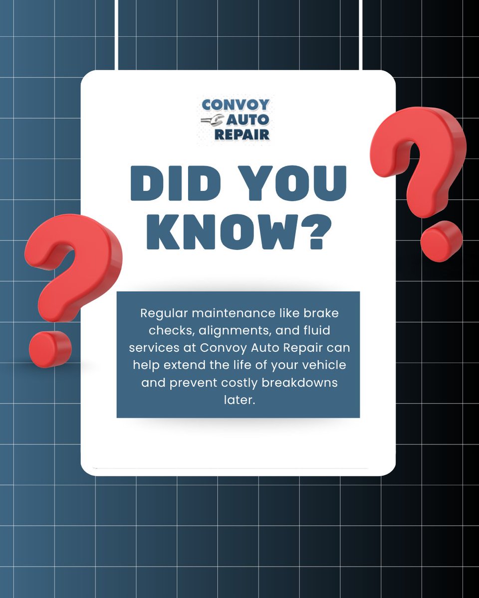 ConvoyAuto's tweet photo. Small Maintenance Today. Big Savings Tomorrow.
Did you know routine maintenance can help extend the life of your vehicle and prevent expensive breakdowns later on?
Schedule your next maintenance service today: https://t.co/YaTie74OL8
#ConvoyAutoRepair https://t.co/I4BruDlu0m