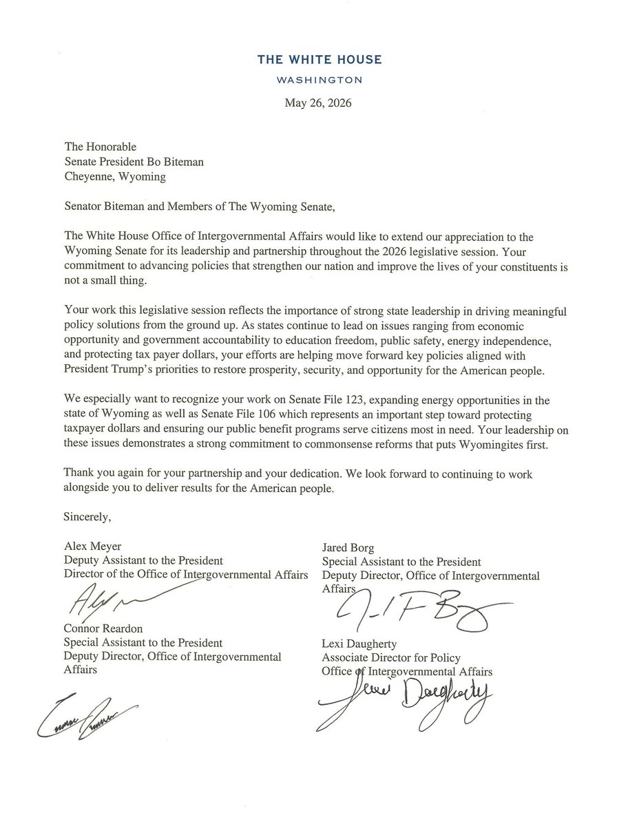bobiteman's tweet photo. I'm honored to receive recognition from the @WhiteHouse for helping advance President Trump’s priorities during Wyoming’s legislative session. 

From protecting taxpayers and strengthening our economy to supporting energy independence and expanding opportunity, we’ve shown what strong conservative leadership can accomplish. 

In Congress, I look forward to continuing to work with President Trump to deliver results for Wyoming and America.