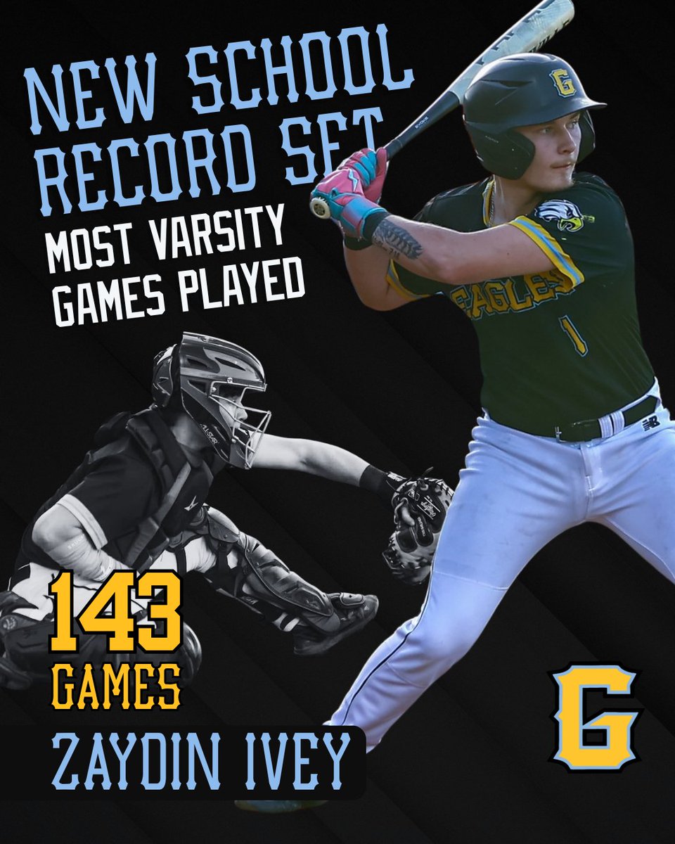 GibbsHSBaseball's tweet photo. Zaydin Ivey has officially set a new school record for most varsity games played with 143! 

He broke Elijah Turner's record of 140, which was set in 2008. https://t.co/VI1eErBs19