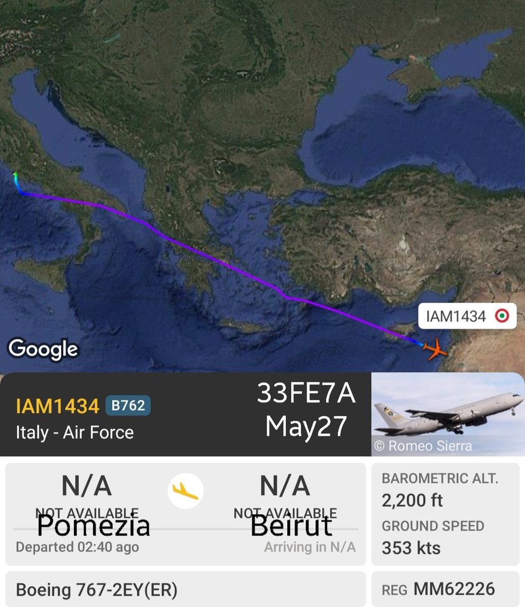 LebanonJets's tweet photo. 20th #Italy AirForce KC767 of the year #MM62226 #33FE7A arriving into Beirut from Pomezia as #IAM1434 same aircraft & trip done 2 weeks ago on May 11th ~746 Italian troops in #UNIFIL as of May1st https://t.co/z8nUGCmWiT