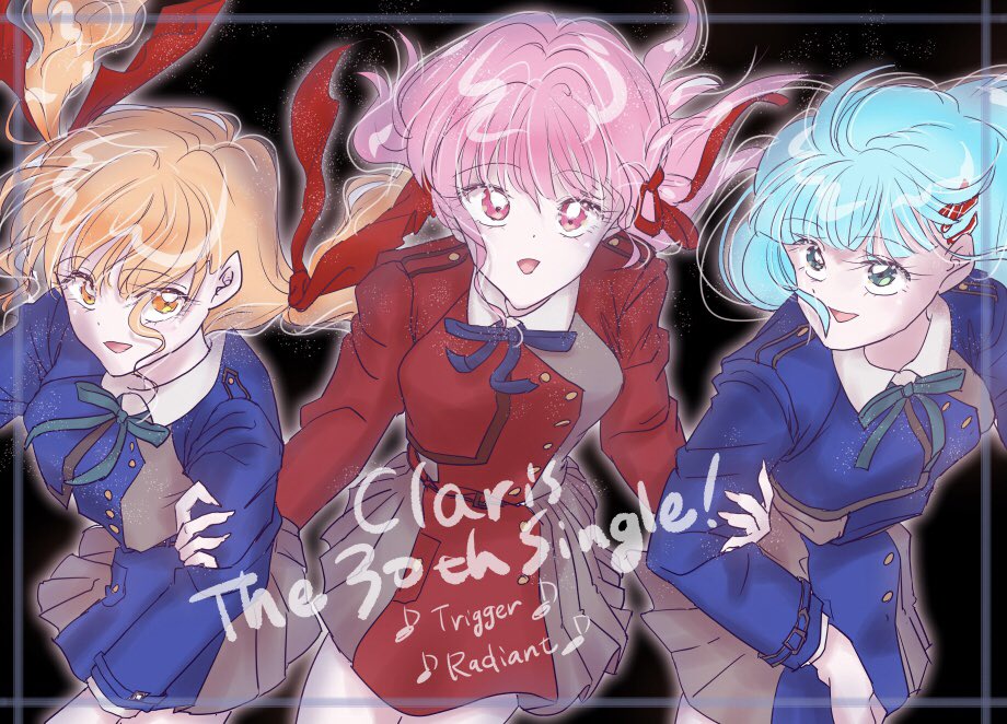 IwakuraR's tweet photo. すばらしい収録曲TriggerとRadiantは、私も大好きなアニメ・リコリコの曲ということで。この衣装のクララお嬢様・エリーちゃん・アンナちゃんのイラストでお祝いとさせていただきたく！

#ClariS
#Trigger
#Radiant
#リコリスリコイル

30作めのシングル『Revive』発売おめでとうございます！ https://t.co/7MxbCrZlER
