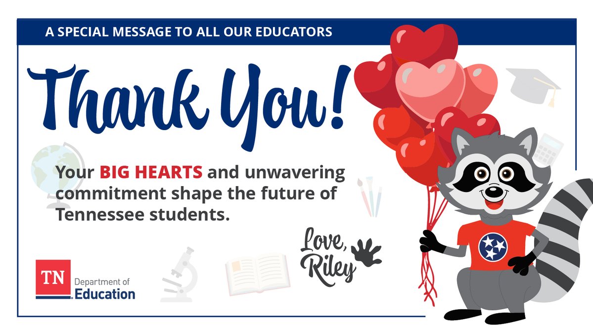 TNedu's tweet photo. 🍎 Although Teacher Appreciation Month is coming to a close, there’s still time to show your appreciation! 

Take a moment this week to thank a teacher who has made a difference in your life or the life of a student. A kind note, an encouraging message, or even a simple “thank you” can go a long way in recognizing the dedication and impact of Tennessee’s educators.
