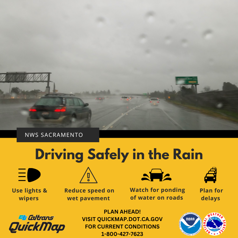 Driving Safely in the Rain. Use lights and wipers. Reduce speed on wet pavement. Watch for ponding of water on roads. Plan for Delays. Plan ahead! Visit quickmap.dot.ca.gov for current conditions. 1-800-427-7623