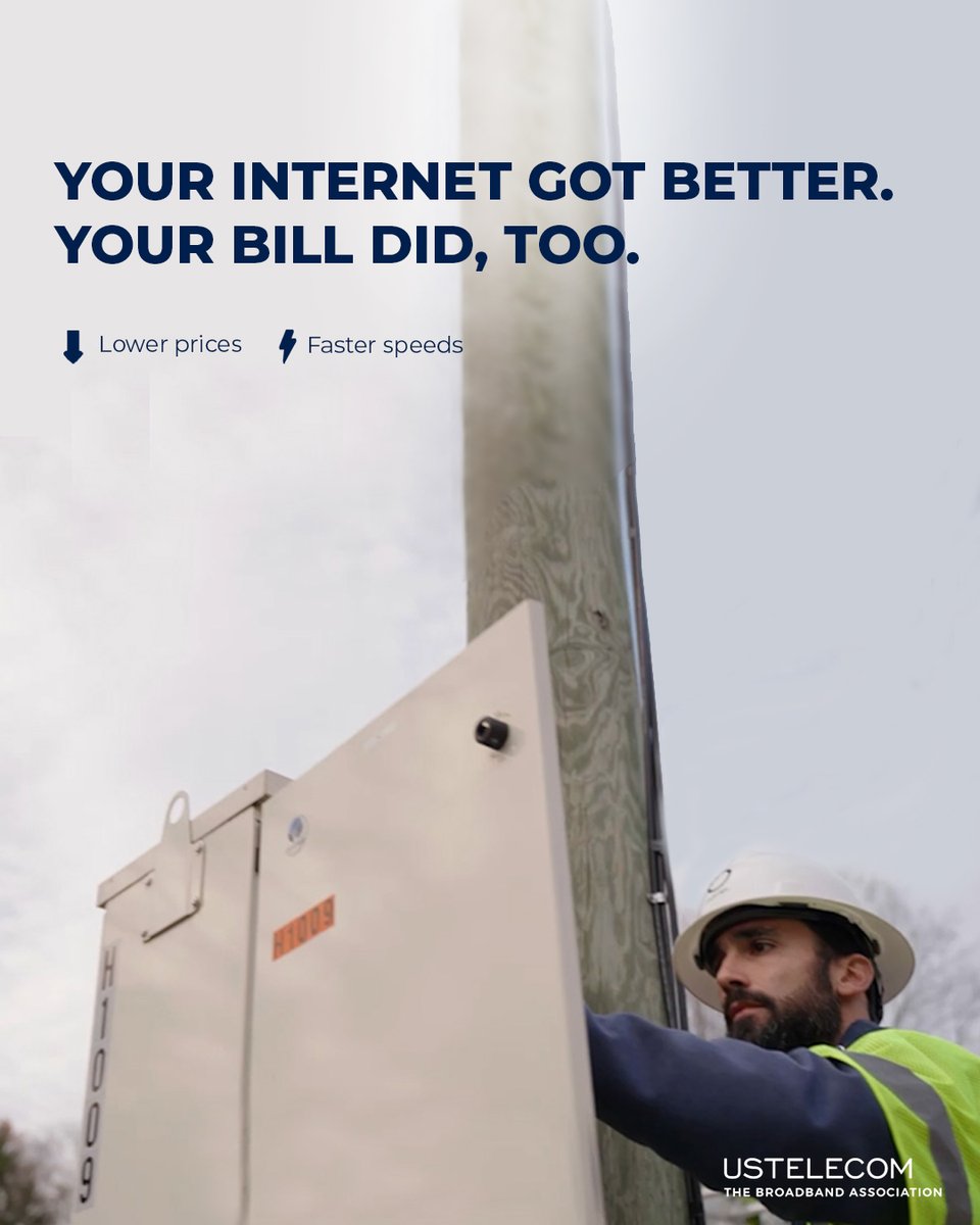 USTelecom's tweet photo. Good news: internet prices are down while speeds continue to climb.  
 
📉 Real broadband internet prices fell 6% yoy 
⚡ Download speeds are up 145% since 2014 
🏡 Consumers are getting more value than ever  
 
Explore the findings: https://t.co/LWaio2lekX https://t.co/7ThKVsuU2M