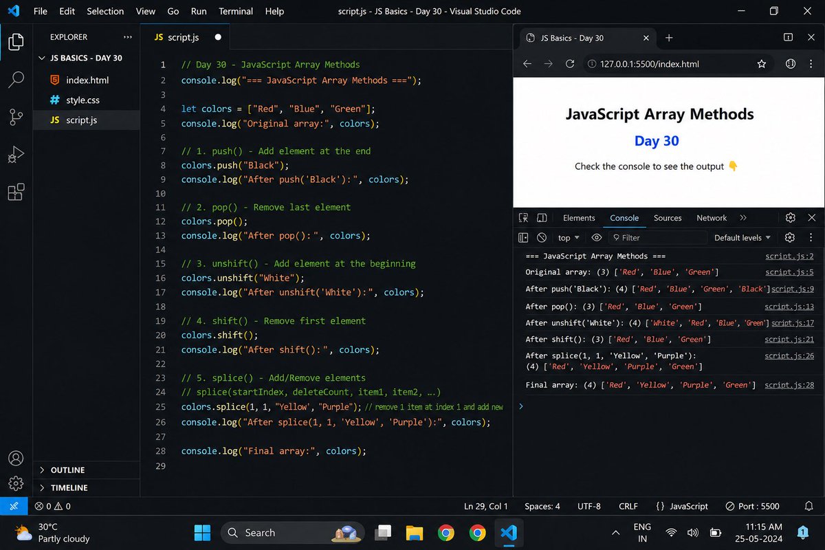 victory_dev's tweet photo. Day 30 🚀

Practiced JavaScript Array Methods today 💻🔥

Learned:
• push()
• pop()
• shift()
• unshift()

#javascript #100DaysOfCode https://t.co/WBSsCkWXIn