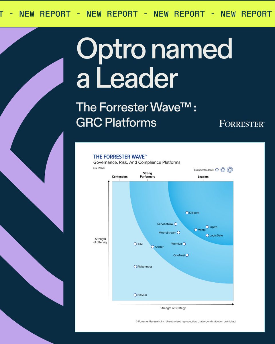 OptroHQ's tweet photo. Optro has been named a Leader in The @Forrester Wave™: Governance, Risk, And Compliance Platforms, Q2 2026 Report!

None of this is possible without the support of our customers and partners! 💙

Learn more about this recognition here: https://t.co/tG3yyyiBwv https://t.co/g4bBrxPhPw
