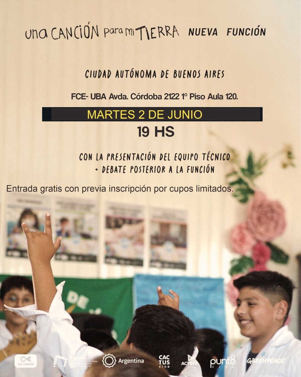 cenarsecs's tweet photo. 🎬 Cine, música y debate.
En la Semana del Ambiente proyectamos  🎞️ “Una canción para mi tierra”, documental multipremiado, y conversamos con su directo Mauricio Albornoz.

📍 FCE UBA – Aula 120
📅 Martes 2/6 – 19 hs.
🎟️ Gratis con inscripción previa 👇

https://t.co/0gu8YjiNU1 https://t.co/SRawoLX66T