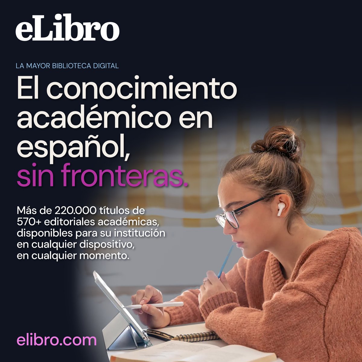 eLibro_com's tweet photo. ¿Su institución necesita acceso a contenido académico en español?
eLibro lleva más de 25 años conectando a universidades, bibliotecas y escuelas con más de 220.000 títulos académicos, en 24 países y desde cualquier dispositivo.
Encuentre a su representante local en https://t.co/o6fAlrZdLw
#eLibro #BibliotecaAcadémica