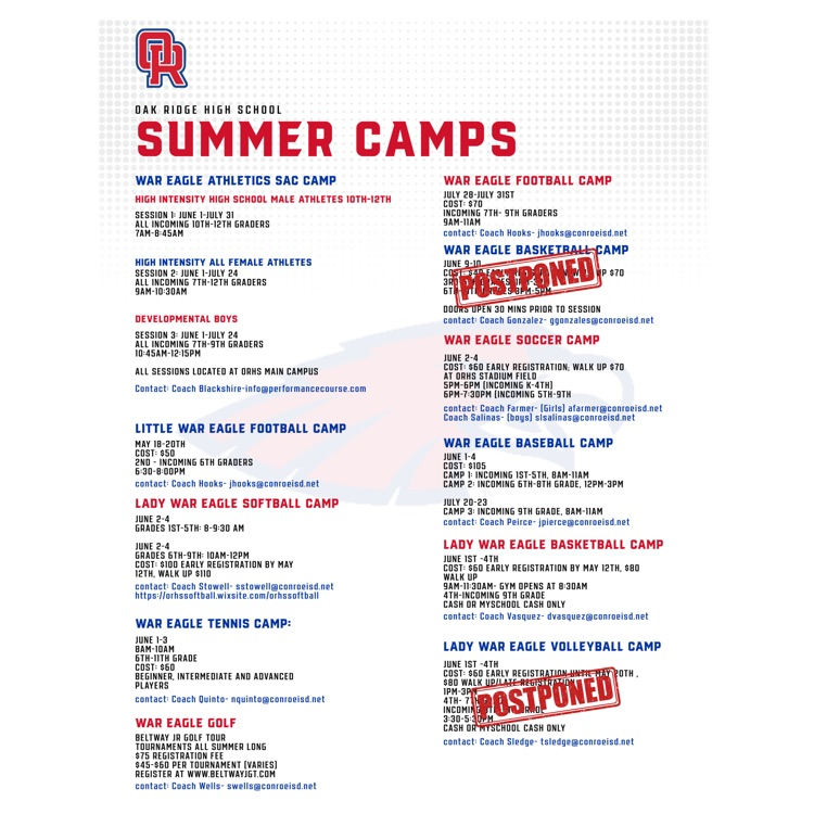 ORWarEagles's tweet photo. Here is the updated schedule for our sports Summer Camps!!! https://t.co/vv7aIRfipQ