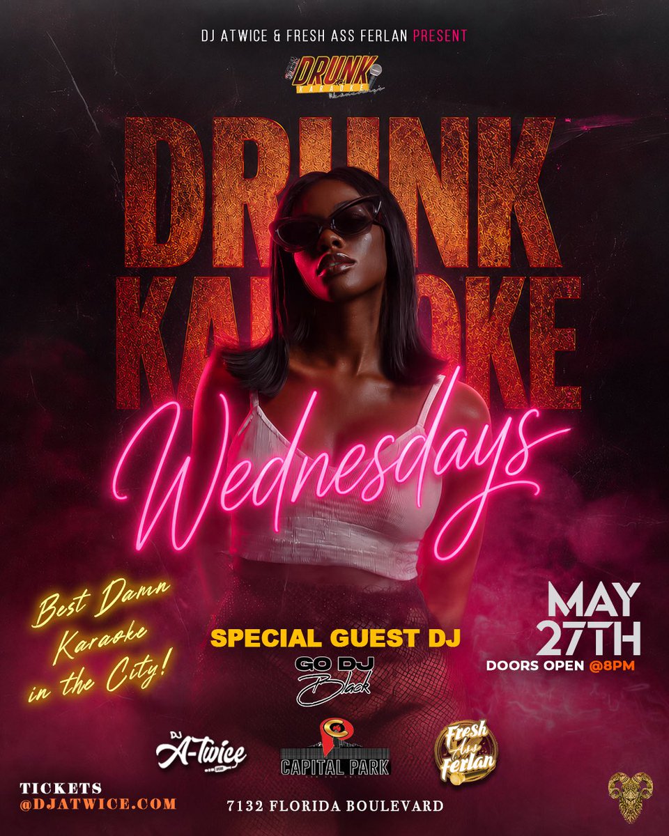 DjAtwice's tweet photo. Come join your favorite karaoke crew for @drunkkaraokewednesdays at @capitalparkbr

8-12am

This week, we will have a special guest DJ  @godjblack !

7132 Florida Blvd is the Address!

$5 Drink Special til 9:30

TICKETS, BOOTHS, AND SECTIONS  https://t.co/gptRQDZBAk https://t.co/sfWuilH3vo