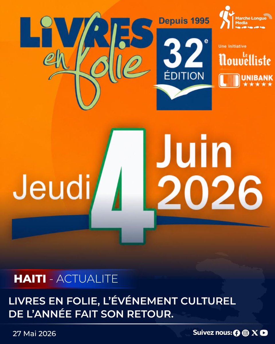 MarcheLongue's tweet photo. Comme à l’accoutumée, Livres en Folie est de retour.

L’évènement aura lieu le Jeudi 4 juin 2026 à El Rancho Convention Center de 10 heures am à 5 pm.

#MarcheLongueMedia https://t.co/9xBlAOVdw4