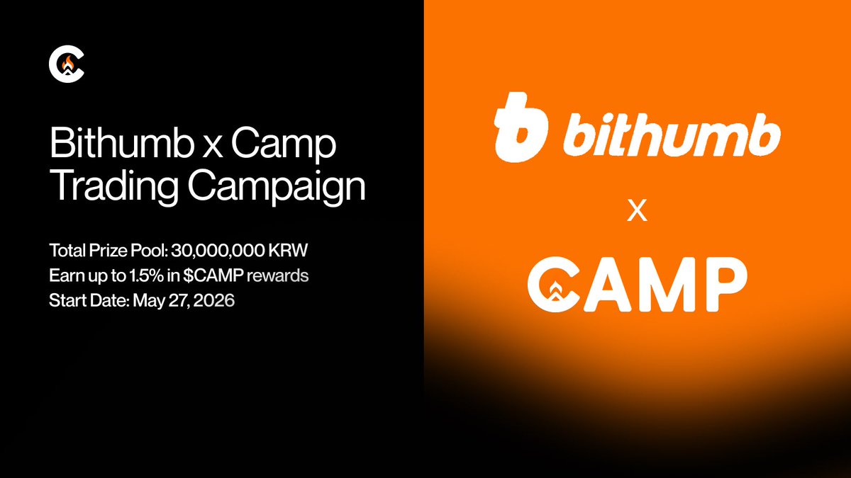 Camp_FND's tweet photo. A $CAMP trading campaign is now live on @BithumbOfficial.

Deposit and trade $CAMP on the KRW market to earn up to 1.5% back in $CAMP rewards, with a total pool of 30,000,000 KRW.

📆 May 27, 2026

Full details: https://t.co/pFJYAYJ7rx https://t.co/I1JirHpln4