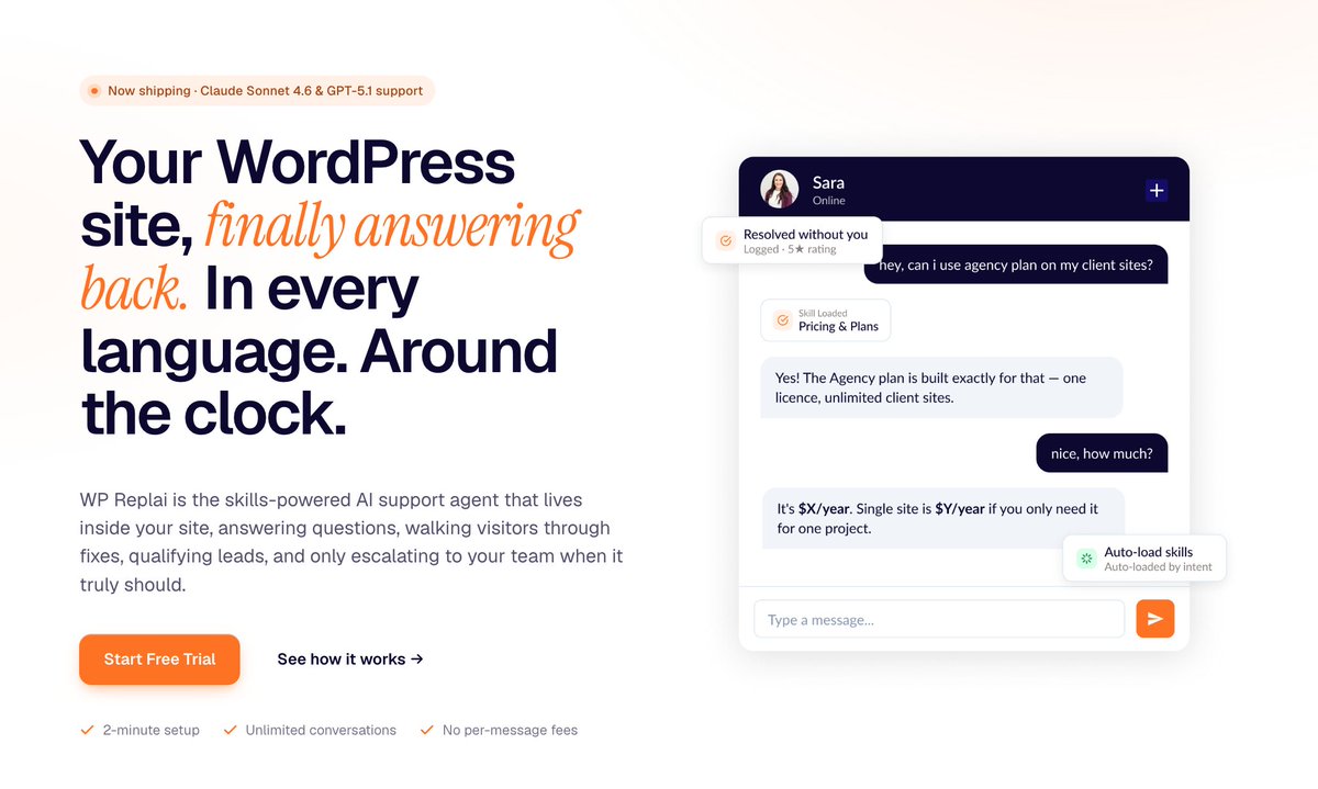 WPReplai's tweet photo. Introducing WP Replai.

An AI support agent that lives inside your WordPress site.

Give it skills in plain English. It answers questions, troubleshoots issues, and emails your team when it needs to escalate, in any language, 24/7.

No more answering the same questions manually. https://t.co/koFZtrW43K