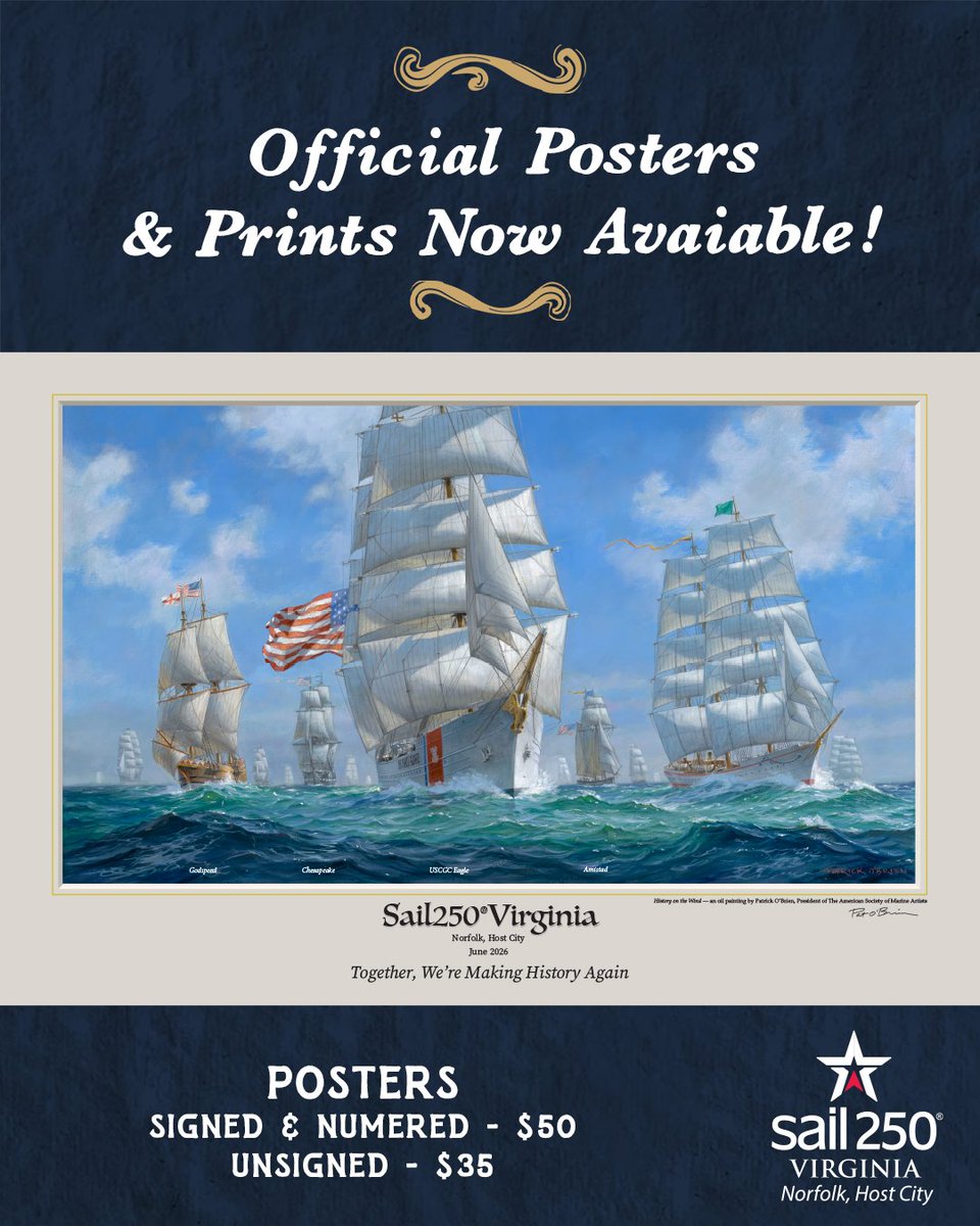 Sail250VA's tweet photo. History comes to life ⚓️ Sail250® Virginia’s commemorative artwork “History on the Wind” by Patrick O'Brien is now available as limited edition prints and posters at the Norfolk Harbor Gallery Celebrate America’s 250th—own a piece of maritime history: https://t.co/PJ4BMNqQ3w https://t.co/KexTUIGGxd