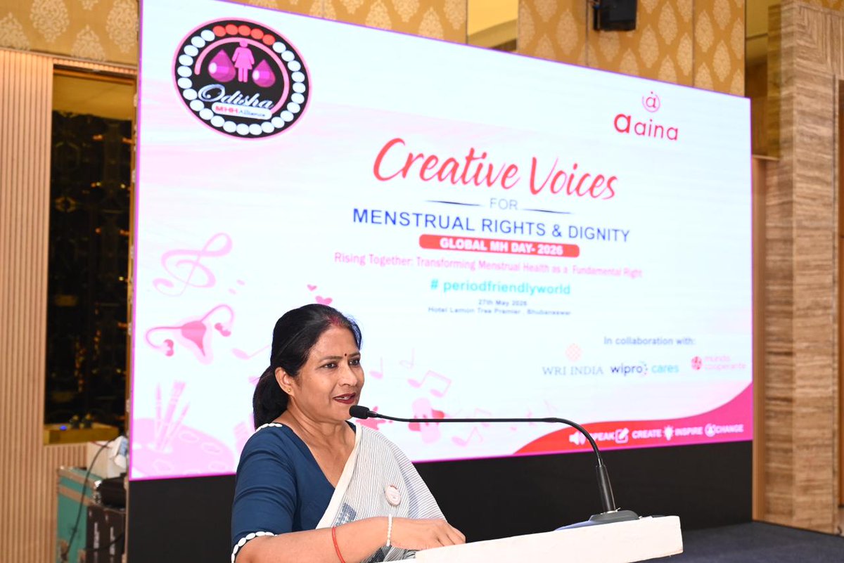 Sulochana_Apa's tweet photo. Delighted to attend the 'Creative Voices for Menstrual Rights and Dignity' programme organised by #Aaina in collaboration with #UNICEF to mark the Menstrual Hygiene Day 2026 at Lemon Tree Premier in #Bhubaneswar along with many dignitaries on Wednesday. 
The programme created an important platform to discuss menstrual health, dignity and awareness while encouraging community participation and open conversations to break social stigma and build a more inclusive and #PeriodFriendlyWorld. 
#MenstrualHygieneDay #HealthAndDignity