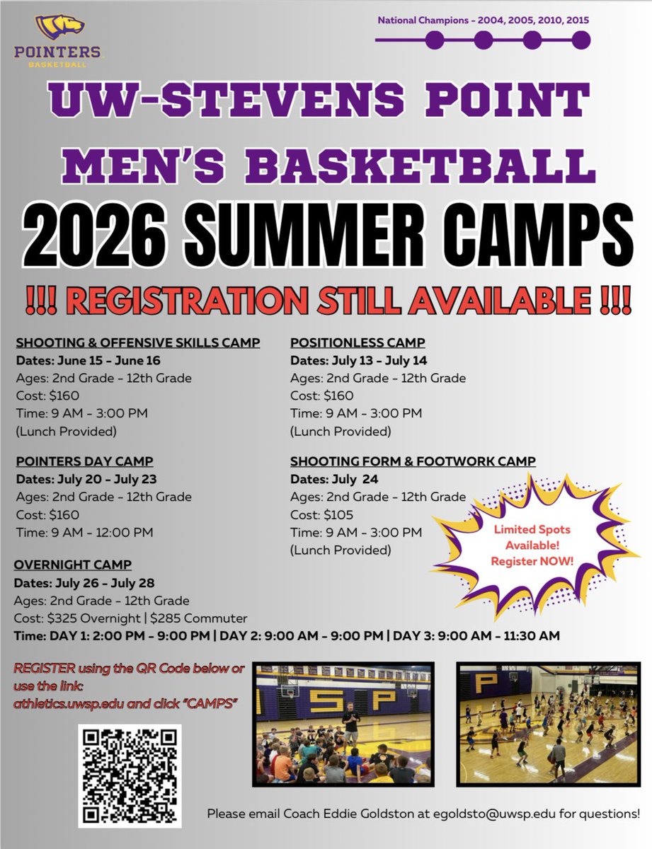 PointersMBB's tweet photo. STILL SPOTS AVAILABLE‼️

⏰Our first summer camp is less than 20 days away, so now is the time to register. 

Pointers Basketball is offering 5 camps this summer led by the UWSP coaching staff &amp; players.

Register using QR code or visit https://t.co/e8jbfMZlSs &amp; click “CAMPS.” https://t.co/4EbfrRE35y