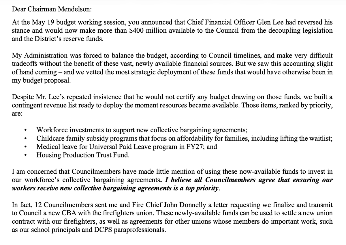 maustermuhle's tweet photo. BUDGET NEWS: Now that the D.C. CFO has freed up roughly $400 million for the '27 budget (from decoupling and reserves), @MayorBowser is asking the D.C. Council to put it towards pay raises for union workers, remove childcare subsidy waitlist, restore paid leave component, HPTF. https://t.co/9NXPUWVpNy