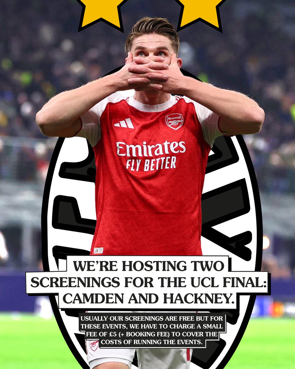 rec_ess's tweet photo. RECESS FC ARE WE READY FOR SATRUDAY?! 

we're hosting 2 screenings this saturday for the UCL final: one in camden (sold out) and the other in hackney.

usually these are free but this time we're charging a small fee to cover the costs of the events; tickets can be found on our website!!!