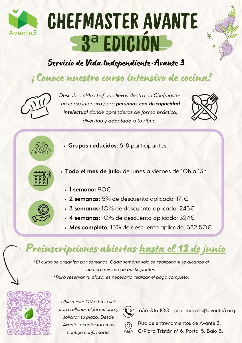 3Avante's tweet photo. Llega una nueva edición del curso CHEFMASTER,actividad para personas con discapacidad intelectual,donde aprender a cocinar de forma práctica y adaptada👩🏻‍🍳
📆 Durante el mes de julio🕛Lunes a viernes,de 10 a 13H Grupos reducidos.
Apúntate en este formulario https://t.co/jhtrRR6vx2 https://t.co/Unevr8Q5Bl
