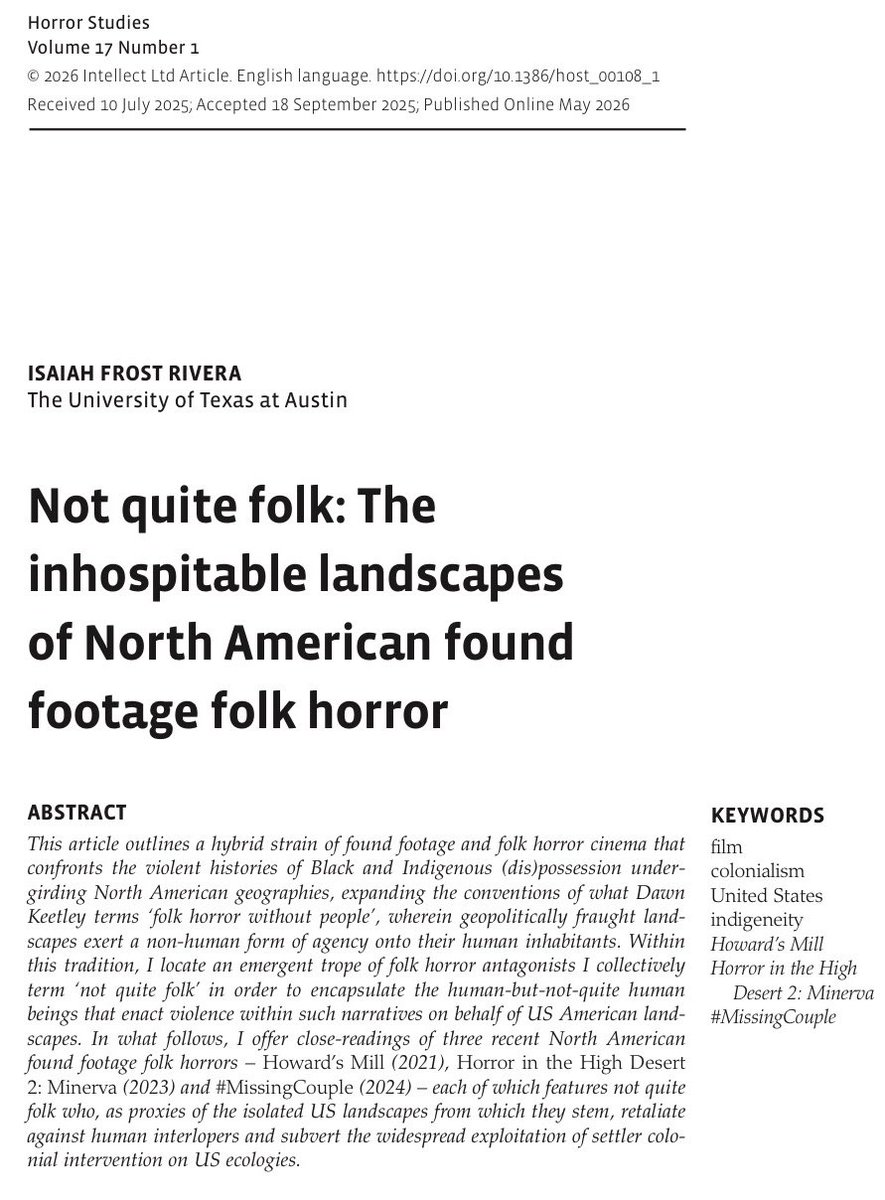 Isaiah__Frost's tweet photo. Excited to share my new article in the latest issue of HORROR STUDIES, wherein I analyze an ever-evolving horror subgenre — found footage folk horror — and the not-quite-human antagonists who populate its most thought-provoking films. Happy Humpday! 

https://t.co/3JR0WepQtg https://t.co/3LTYIozWuu
