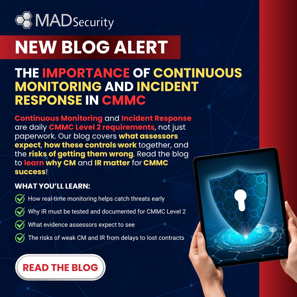 MADSecurityLLC's tweet photo. NEW BLOG ALERT!
🔗 https://t.co/8D99trMF5j
Read the blog to see how strong CM and IR programs protect your certification and your contracts
#MADSecurity #CMMC #ContinuousMonitoring #Cybersecurity #IncidentResponse https://t.co/x9awc620B3