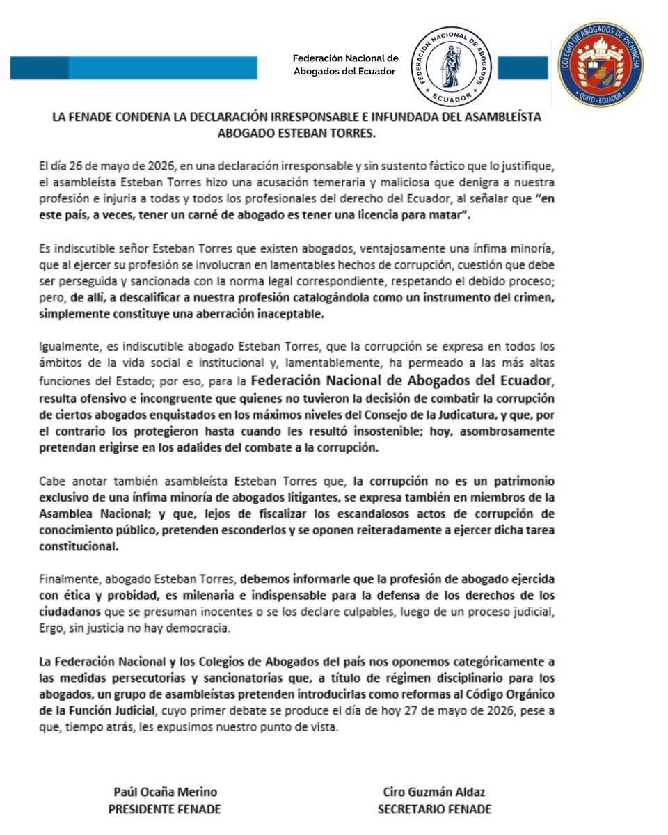 fenadecuador's tweet photo. ⚖️📢 La Federación Nacional de Abogados del Ecuador rechaza categóricamente las declaraciones emitidas por el asambleísta Esteban Torres, al considerar que constituyen afirmaciones irresponsables e infundadas que afectan la dignidad y el ejercicio ético de la profesión jurídica. https://t.co/lzp93kEzrS