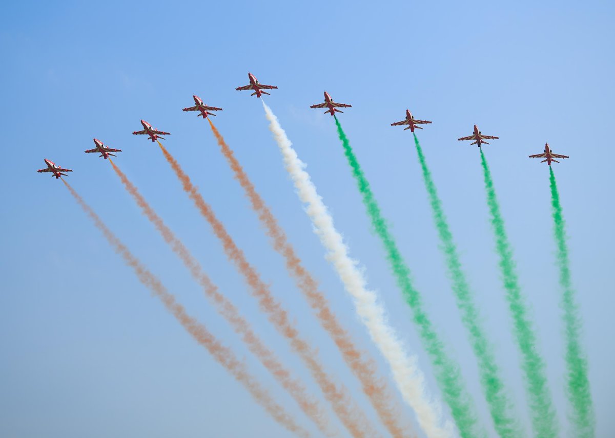 IAF_MCC's tweet photo. Chief of the Air Staff Air Chief Marshal AP Singh and Air Marshal S Shrinivas, AOC-in-C, Training Command visited Air Force Station Bidar to commemorate the 30th anniversary of the Suryakiran Aerobatic Team.

The celebrations witnessed a spectacular 9-aircraft aerobatic display by SKAT, with both the CAS and AOC-in-C flying as part of the formation, showcasing precision, professionalism and the spirit of the Indian Air Force.

#IndianAirForce
#AFSBidar
#TouchTheSkyWithGlory
#SKAT30 #Airpower

@DefenceMinIndia
@SpokespersonMoD
@HQ_IDS_India
@adgpi
@indiannavy 
@CareerinIAF
@Suryakiran_IAF