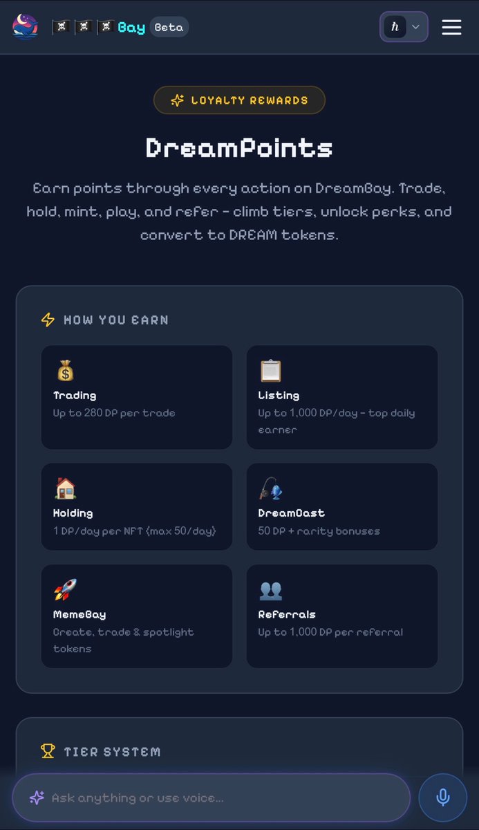 DreamBayio's tweet photo. DreamPoints might actually be one of the smartest systems on DreamBay 🌊🐳

You’re already trading, collecting, minting, using DreamCast, exploring MemeBay…

and now the bay rewards you for being active while climbing from Guppy all the way to Kraken 👀

The higher the tier, the better the DREAM token conversion too 🌙🐳

Be honest…

What tier do you think you’d reach first?
