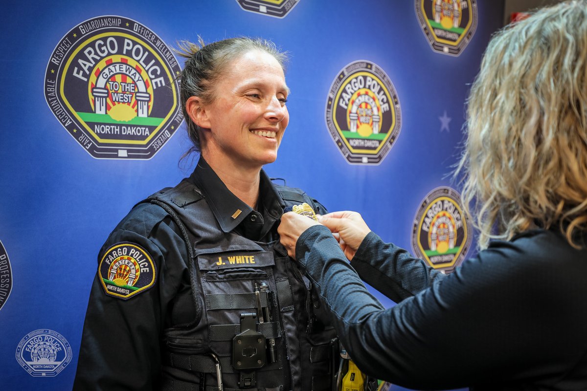 FargoPolice's tweet photo. Last night, May 26, the #FargoPD performed a field promotion to swear in newly appointed Lieutenant Jesseca White.

Lieutenant White will serve as a Night Shift Commander in the Neighborhood Services Division. She has been with the department since October 2008, most recently serving as a sergeant in the Professional Accountability Unit within the Professional Standards Division.

Throughout her career, Lieutenant White has demonstrated strong leadership, professionalism and a commitment to both the department and the community she serves. As she steps into this new role, she will help lead and mentors officers on patrol and support critical overnight operations across the city.

Congratulations, Lieutenant White, on achieving this well-earned milestone in your law enforcement career.