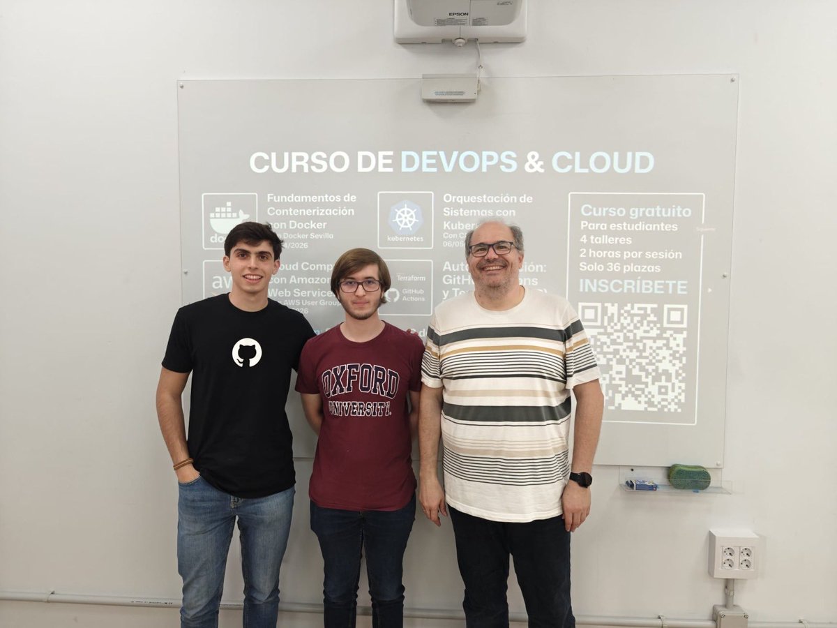 InformaticaUMA's tweet photo. ¡Éxito del Curso de DevOps y Cloud en la ETSI Informática @InformaticaUMA! Queremos agradecer la colaboración clave de los ponentes de Docker Sevilla, AWS User Group Málaga, CNCF Málaga, OpenSouthCode y Málaga JUG por traer sus talleres prácticos y experiencia real a la Escuela. https://t.co/d2xcQJZM8K