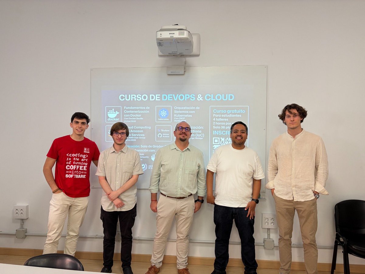 InformaticaUMA's tweet photo. ¡Éxito del Curso de DevOps y Cloud en la ETSI Informática @InformaticaUMA! Queremos agradecer la colaboración clave de los ponentes de Docker Sevilla, AWS User Group Málaga, CNCF Málaga, OpenSouthCode y Málaga JUG por traer sus talleres prácticos y experiencia real a la Escuela. https://t.co/d2xcQJZM8K