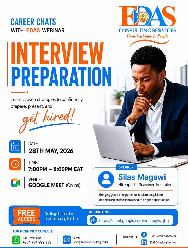 edasconsulting's tweet photo. Tomorrow is the day!!!!

Join us for the next edition of Career Chats with EDAS as we dive into Interview Preparation — a FREE webinar designed to help you prepare confidently and stand out to recruiters.
⏰ Time: 7:00 PM – 8:00 PM EAT
🔗 Link: https://t.co/0pTJqzpFdo https://t.co/yzAyxfBsNC