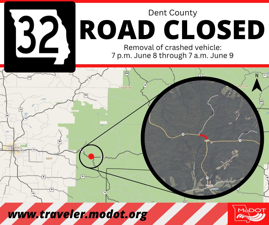 MoDOT_Central's tweet photo. Heads-up for those who use Route 32 in Dent County, east of Salem: the road is scheduled to close for 12 hours, beginning at 7 p.m. June 8, for the removal of an oversized, heavy vehicle from the roadside. 

More info: https://t.co/9GYZqCBzzM https://t.co/MgXCLThGAU
