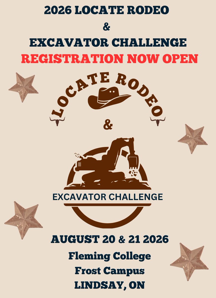 ORCGA's tweet photo. 📣 Calling All Volunteers, Locators &amp; Excavators! 🚧

REGISTRATION NOW OPEN for the 2026 Locate Rodeo &amp; Excavator Challenge!

August 20 &amp; 21, 2026
Fleming College, Lindsay

For event information, registration, and hotel booking details, please click below:
https://t.co/WAa75vk2Ju https://t.co/TqWKcTM5qs