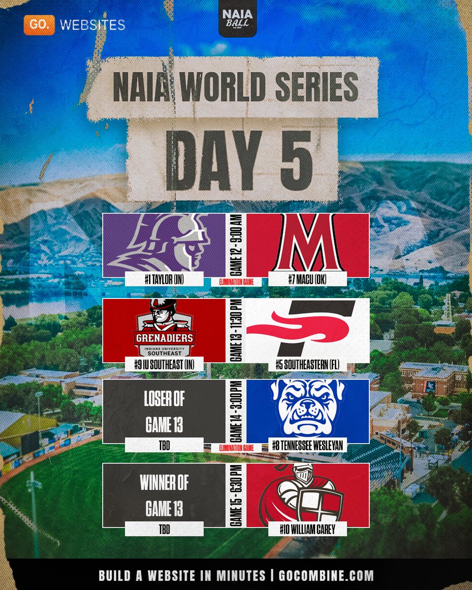 NAIABall's tweet photo. Rain may have won last night, but baseball is back today.

Day 5 of the 2026 NAIA World Series is here. Here’s what’s in store for today ⬇️

Resume at 9:00 AM, Top 5th Tied 4-4
#1 @taylorbaseball vs #7 @MACU_baseball*

Game 13 - 11:30 PM
#9 @IUSBaseball vs #5 @SEUFireBaseball 

Game 14 - 3:00 PM*
TBD vs #8 @TWU_Baseball 

Game 15 - 6:30 PM
TBD vs #10 @WmCareyBSB 

(*Elimination Game)
#NAIABall

Build a one page or multi page website in a day. Trusted by NAIA Ball. Coming Fall 2026 | https://t.co/JfQ7UBSoMg