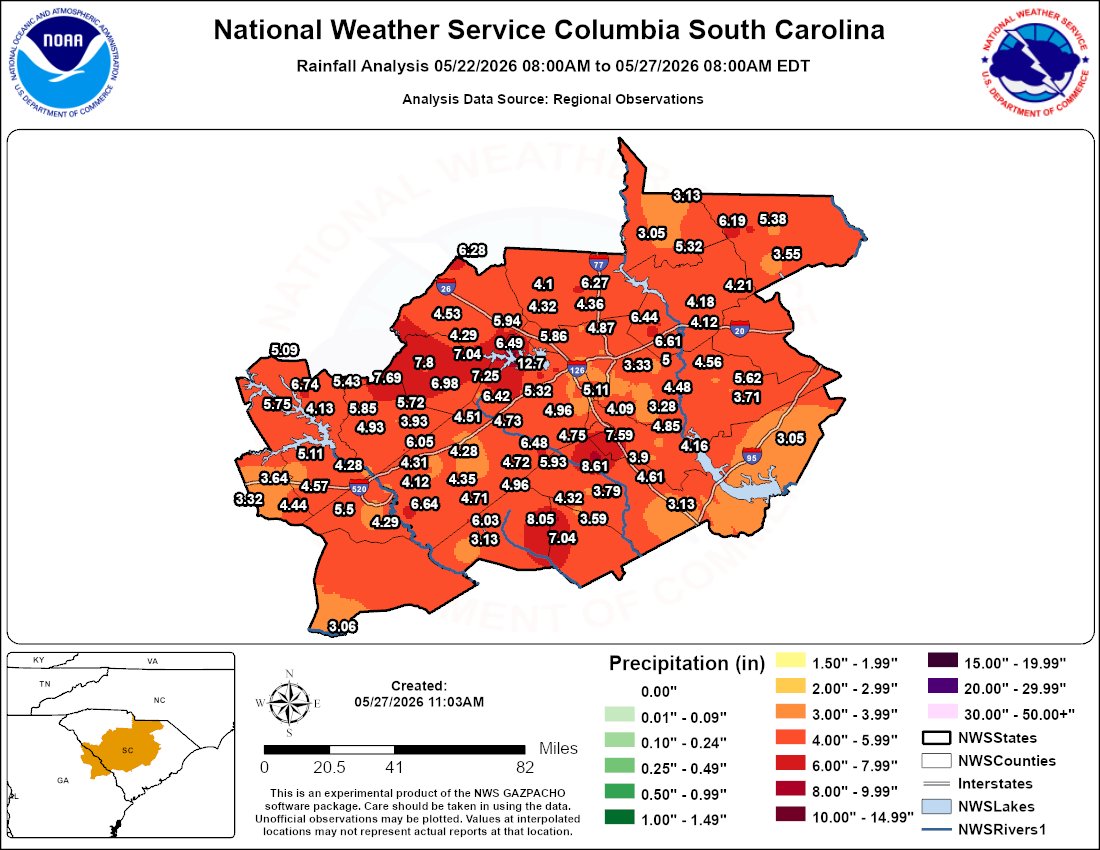 NWSColumbia's tweet photo. Looking at rainfall totals from the past 5 days, we have had quite a bit of rain out there! Totals generally range from 3-6" with outliers on either side of those numbers. Thankfully we are looking at more isolated convection this afternoon. #scwx #gawx https://t.co/DDB4FQenIV