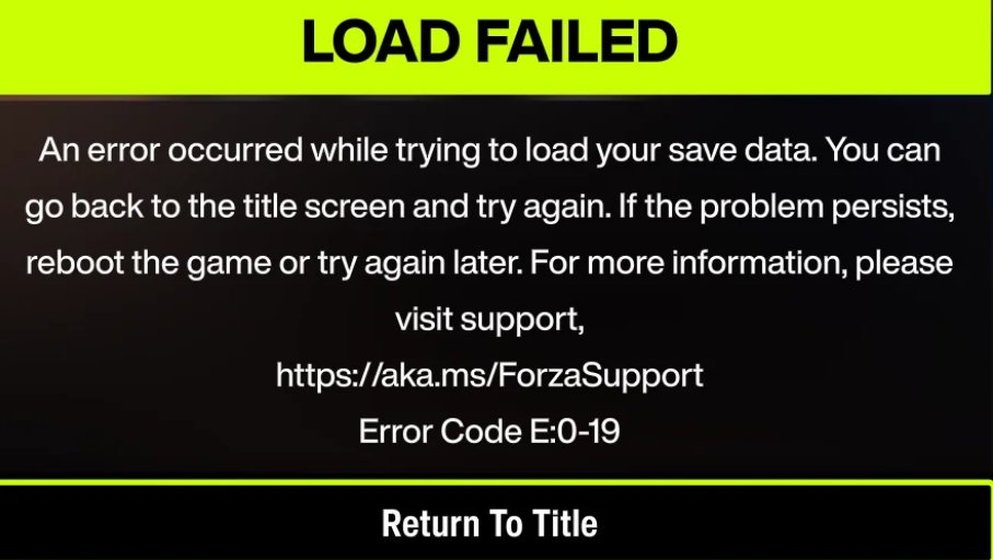 TheRyanLP's tweet photo. @ForzaHorizon please look into error code E:0-19. Haven't been able to play FH6 because of this cloud sync issue. Haven't been able to get any sort of response from Forza Support via your website (Id #890656). Thanks! #ForzaHorizon6 https://t.co/tbWuYYLgbY
