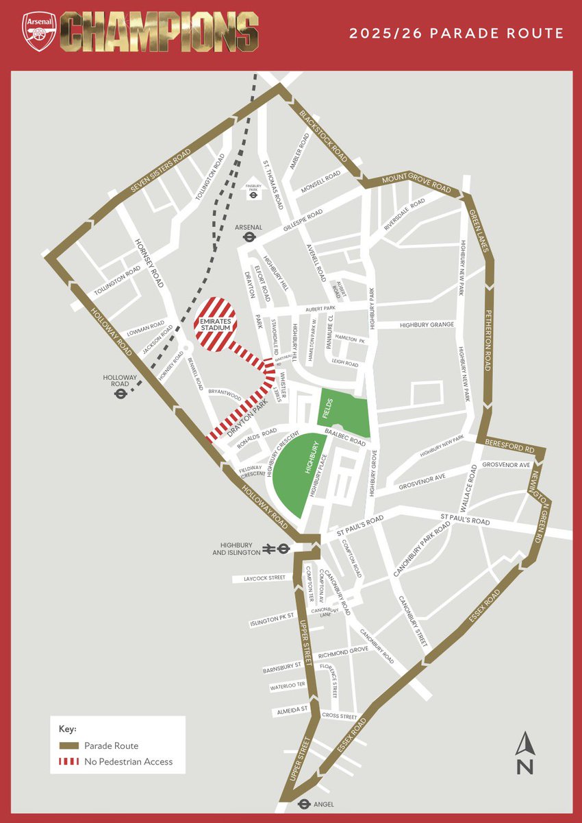 afcDW's tweet photo. Arsenal going all out to try and stop people gathering around the Emirates during the parade.

The bus route doesn’t go down those roads, and there will also be no pedestrian access to the stadium while the parade happens. https://t.co/RzOTV0NBWp