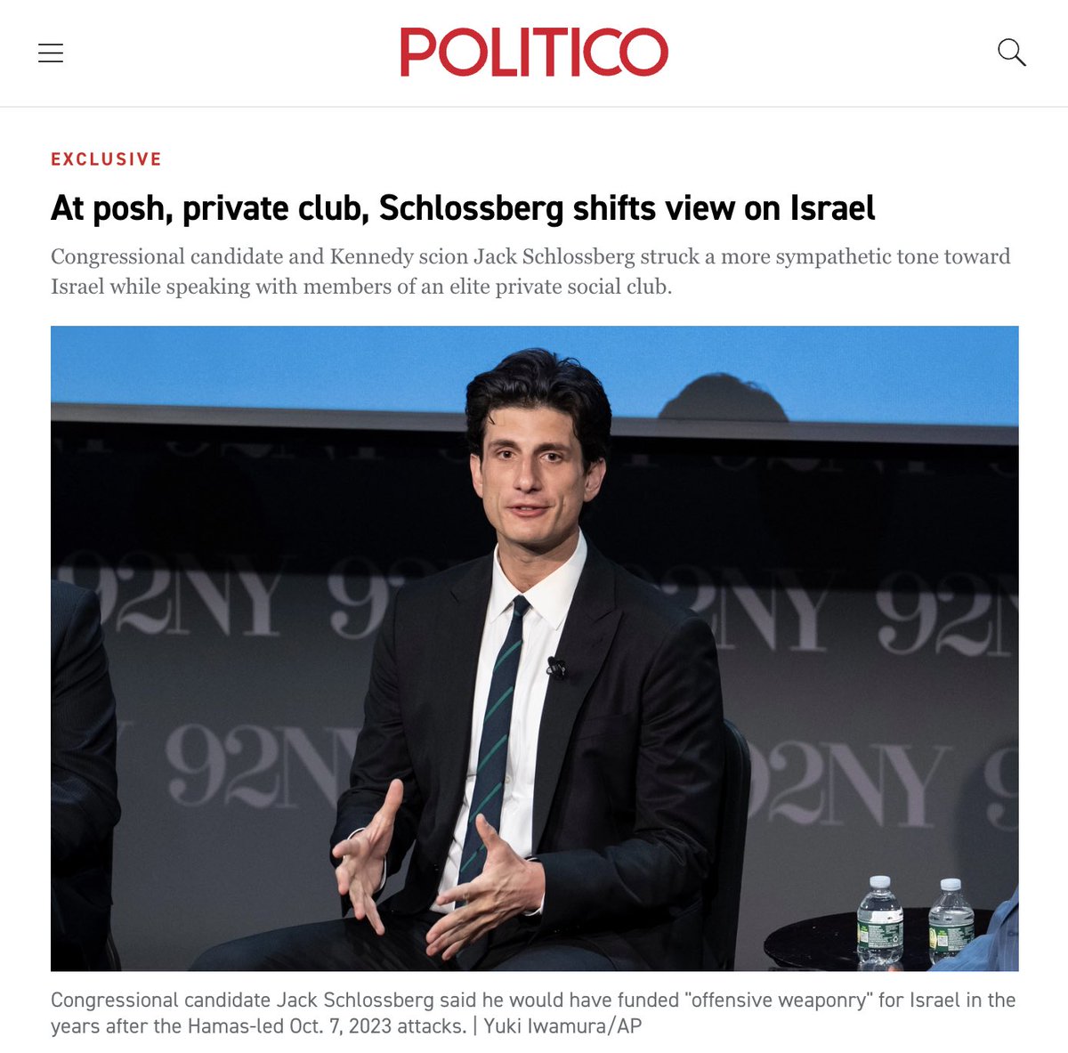 OppoDrop's tweet photo. @JBKSchlossberg In January, you said you were "unsure" about whether you backed the Block the Bombs Act. Earlier this month, you changed your tune and said you supported it.

Now, POLITICO reported that you told donors at an exclusive social club that you would fund offensive weapons to Israel. https://t.co/fX36YjtTXP