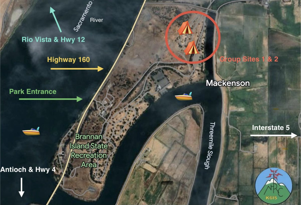 K6IS's tweet photo. This year for Field Day we will be at Branman Island State Park in the very South End of Sacramento County.  Some will camp over. We reserved the group spots so, we’ll have plenty of room to operate! Hopefully not bother anyone else. Bring your fishing gear too! https://t.co/dAE3ogkpDu