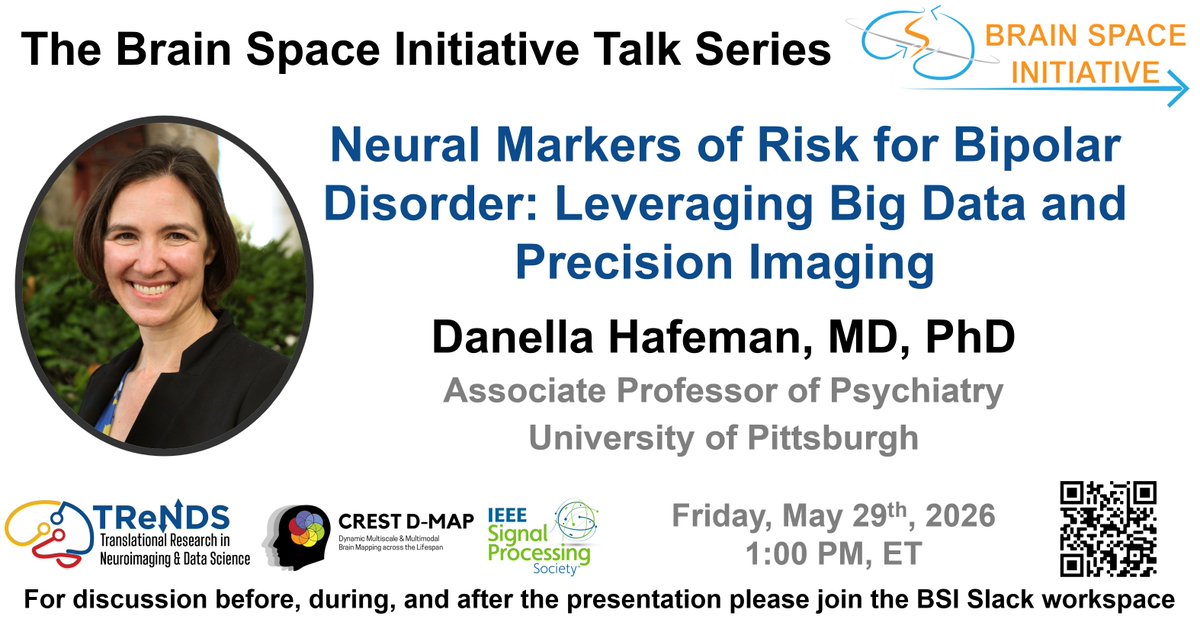 BrainSpaceInit's tweet photo. Join us Fri, May 29 at 1 PM ET for a virtual talk by Dr. @DanellaHafeman : “Neural Markers of Risk for Bipolar Disorder: Leveraging Big Data and Precision Imaging.”
Learn how big-data neuroimaging and precision imaging are advancing our understanding of bipolar disorder risk. https://t.co/8VOJLPBg9h