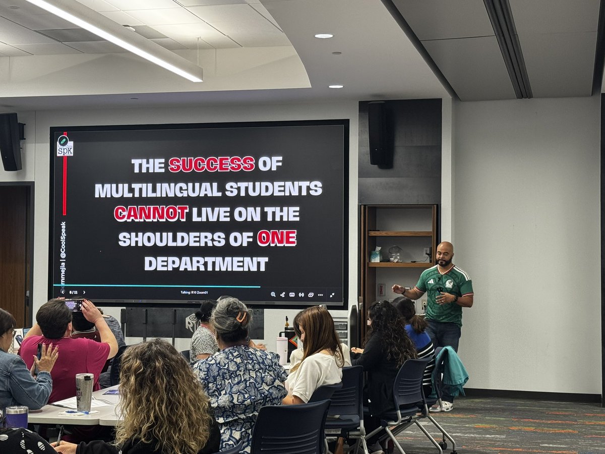 R10Multilingual's tweet photo. “The success of multilingual students cannot live on the shoulders of one department.”

A powerful reminder from Ernesto Mejia at #R10MLSymposium 2026.

Supporting emergent bilingual students and their families takes all of us! 
Many Voices. One Goal. https://t.co/d2KOJ1WAEw